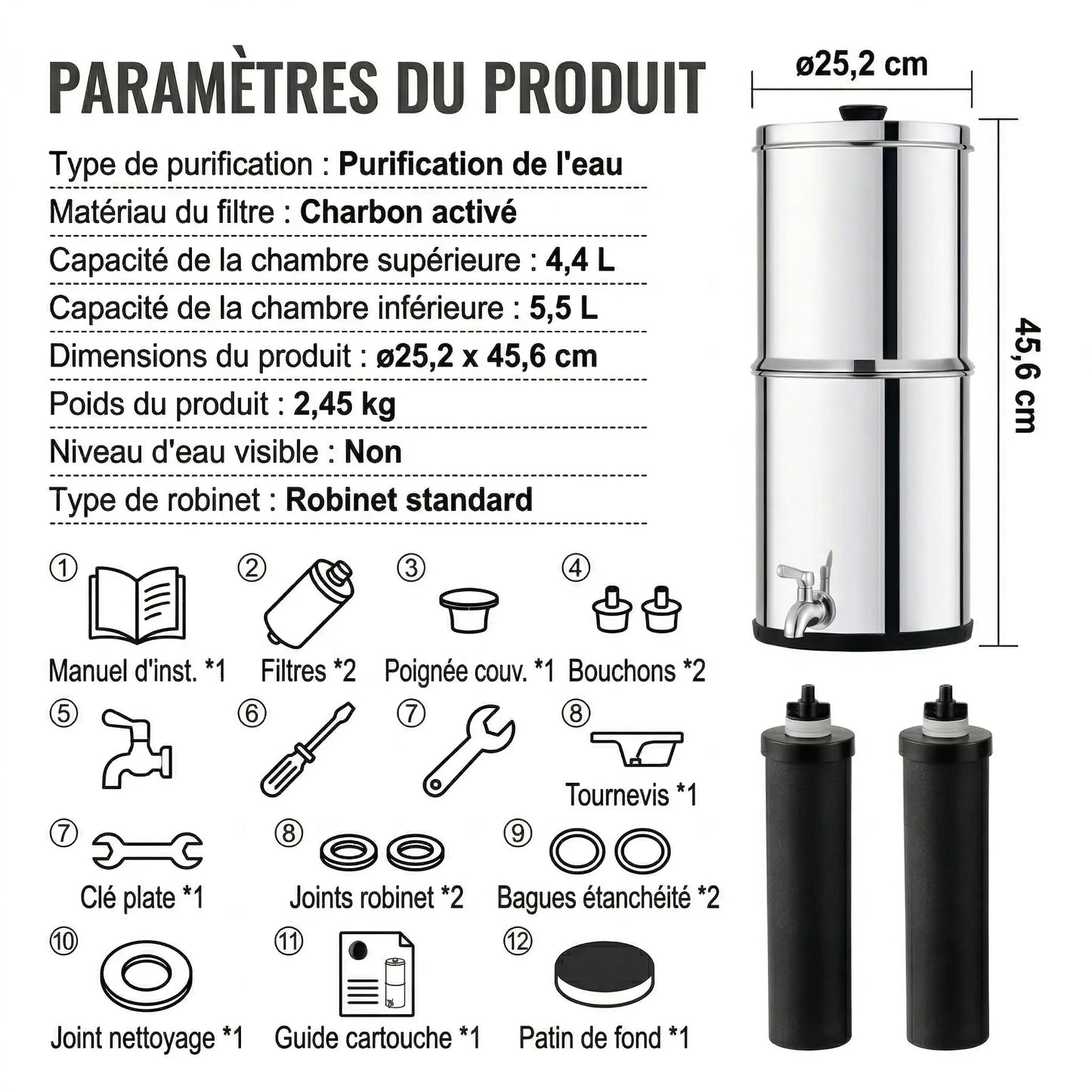 Purificateur d'Eau par Gravité en Acier Inoxydable — 5,5 L