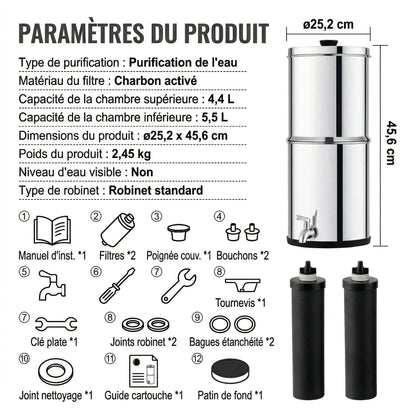 Purificateur d'Eau par Gravité en Acier Inoxydable — 5,5 L